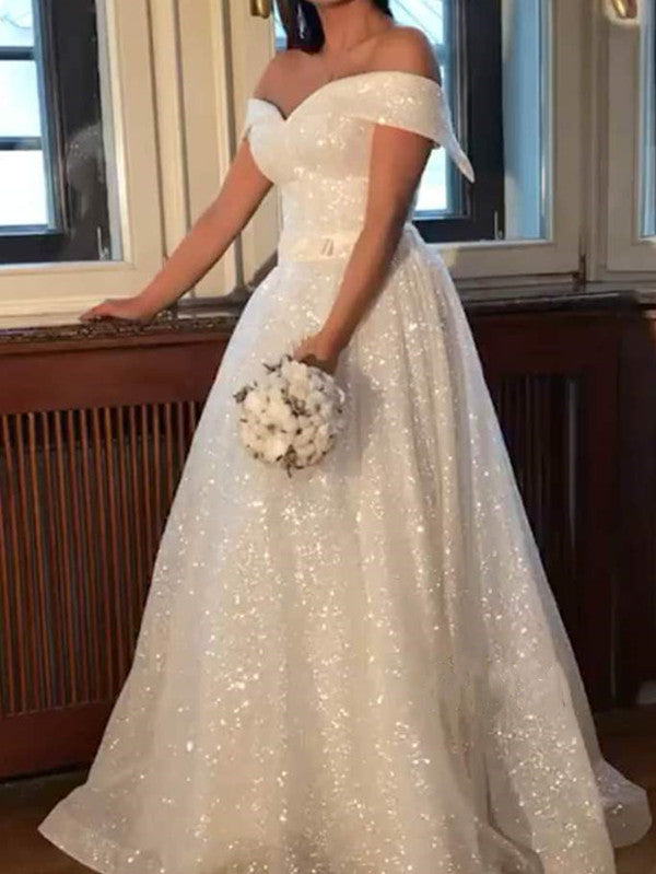Off The Shoulder Shiny Wedding Dresses, High Fashion Custom A-line Wed ClaireBridal Off The Shoulder Shiny Wedding Dresses, High Fashion Custom A-line Wed ClaireBridal