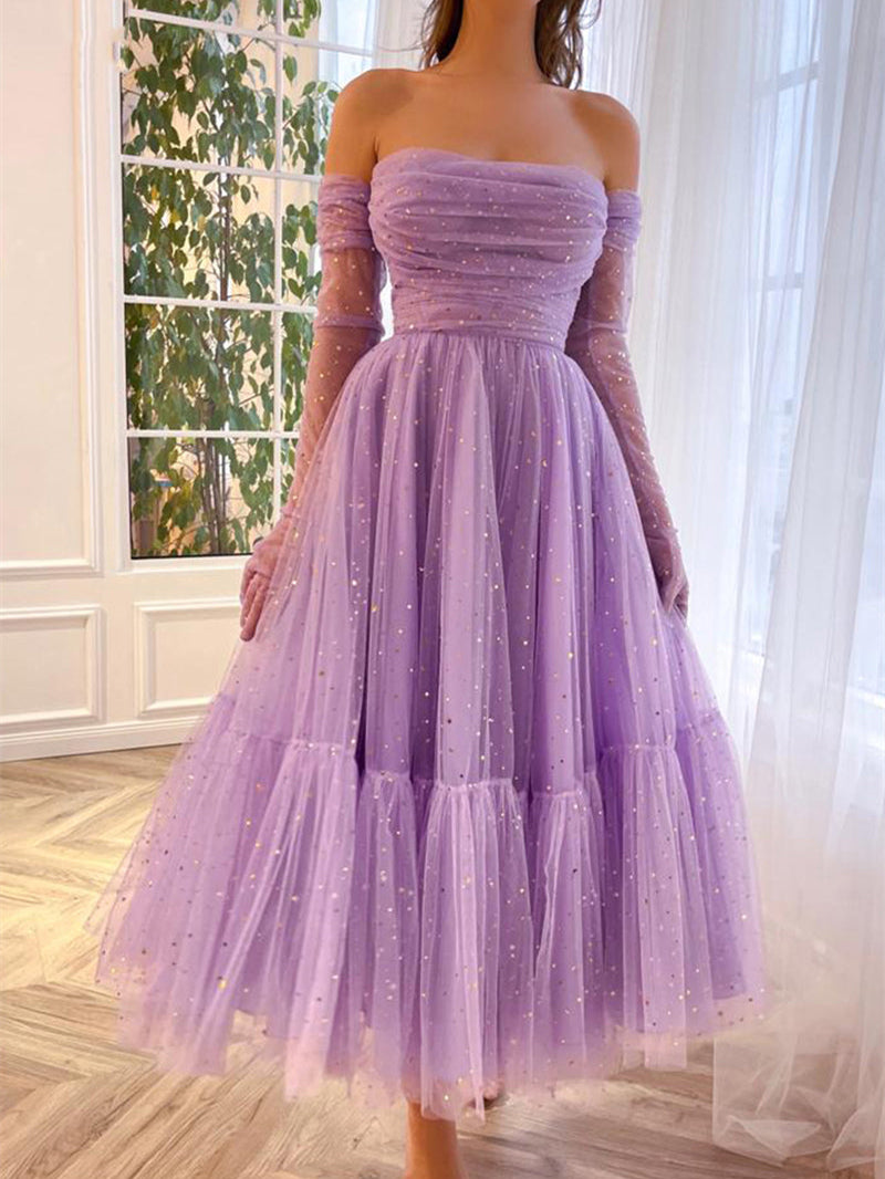 Strapless Purple Star Glitter Tulle Prom Dresses, Ruffled Prom Dresses ClaireBridal Strapless Purple Star Glitter Tulle Prom Dresses, Ruffled Prom Dresses ClaireBridal