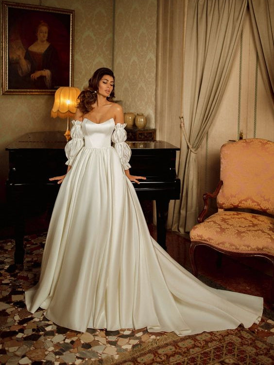 elegant satin wedding dresses Sweetheart Satin Wedding Dresses With Separately Bubble Sleeves, Elega – ClaireBridal