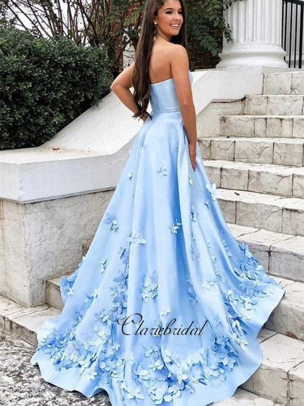 Modest Blue Appliques Long Prom Dresses, Elegant Strapless Prom Dresse ClaireBridal Modest Blue Appliques Long Prom Dresses, Elegant Strapless Prom Dresse ClaireBridal