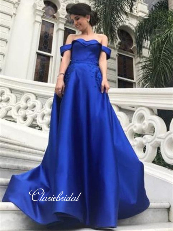 royal blue dresses for prom Royal Blue A-line Illusion Back Satin Formal Party Evening Prom Dress, main image 0