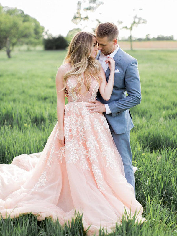 Pink Color V Neck 2021 Popular Wedding Dresses, A Line Lace Bridal Gow –  ClaireBridal