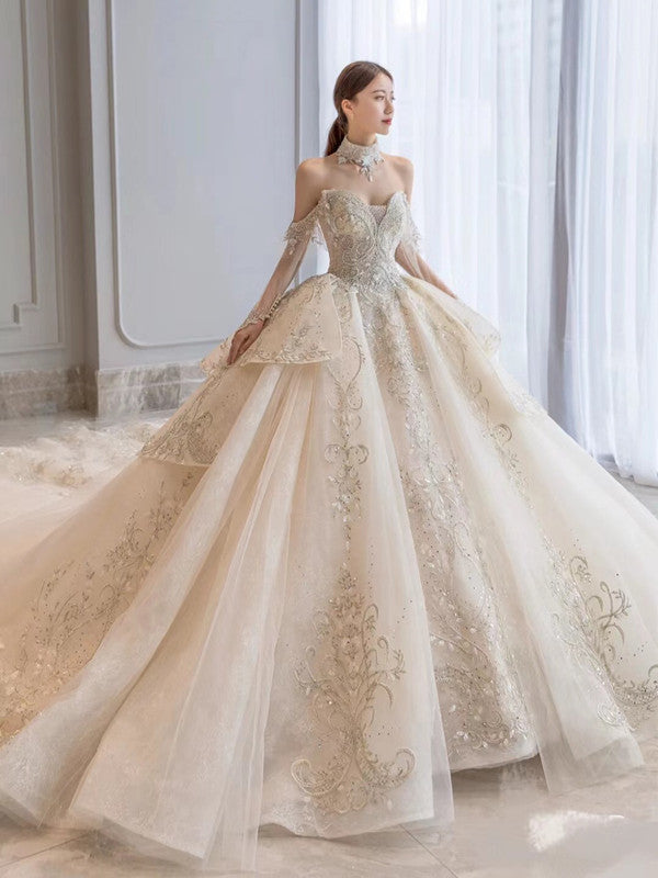 luxury bridal dress High Quality Off The Shoulder Luxury Bridal Gowns, A-line Lace Popular –  ClaireBridal