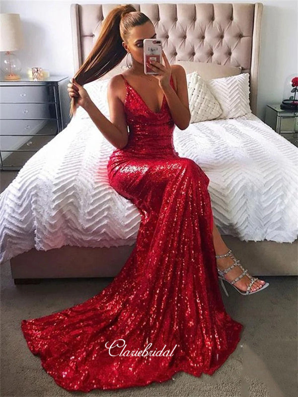 prom dresses mermaid 2020 Deep V-neck Sexy Long Prom Dresses, Sequins Mermaid 2020 Newest Prom D –  ClaireBridal