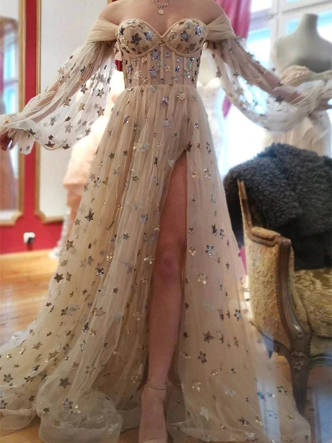 Off Shoulder Long Sleeves Star Gown, Side Slit Prom Dresses, Corset Po –  ClaireBridal