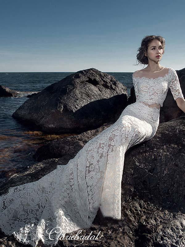 half mermaid wedding dress Mermaid V-neck Short Train Half Sleeve Tulle Applique Wedding Dress