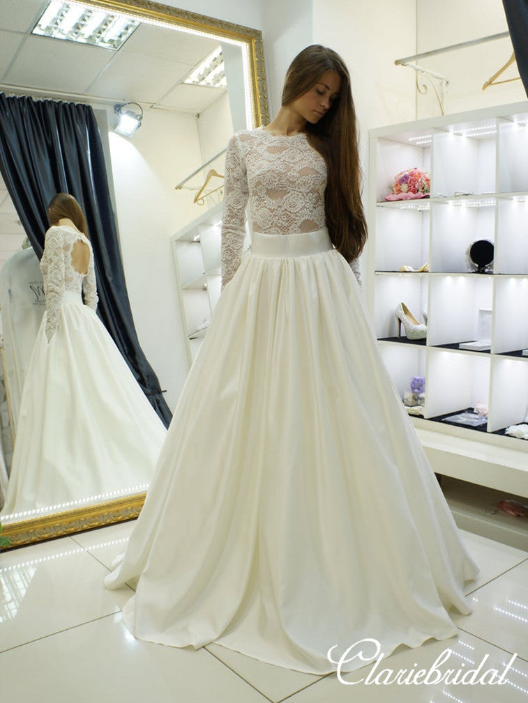long sleeve satin ivory dress Long Sleeves Open Back Lace Top Satin Ivory Long Wedding Dresses –  ClaireBridal