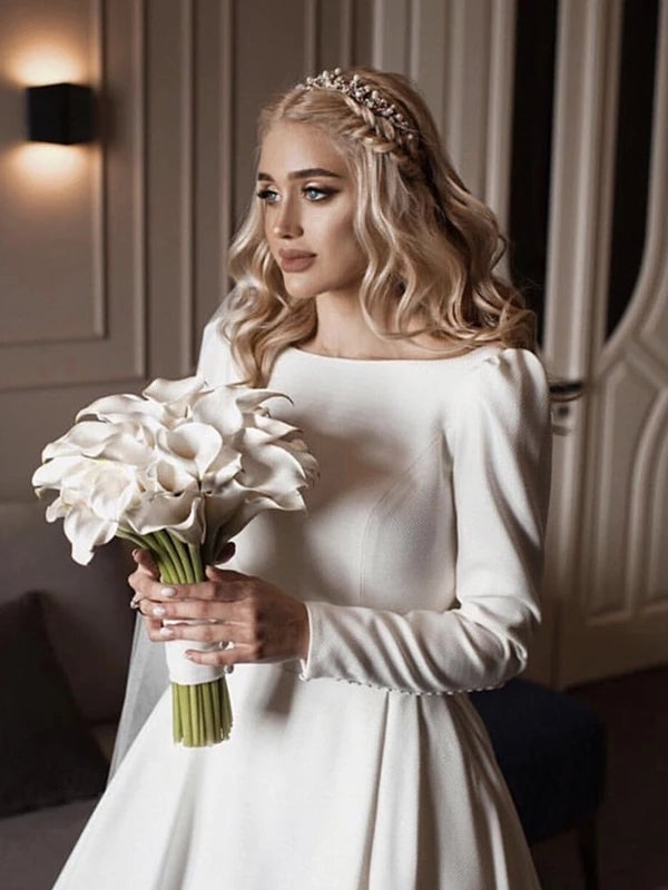 Round Neck Long Sleeves Jersey Wedding Dresses, Simple Elegant Wedding ClaireBridal Round Neck Long Sleeves Jersey Wedding Dresses, Simple Elegant Wedding ClaireBridal