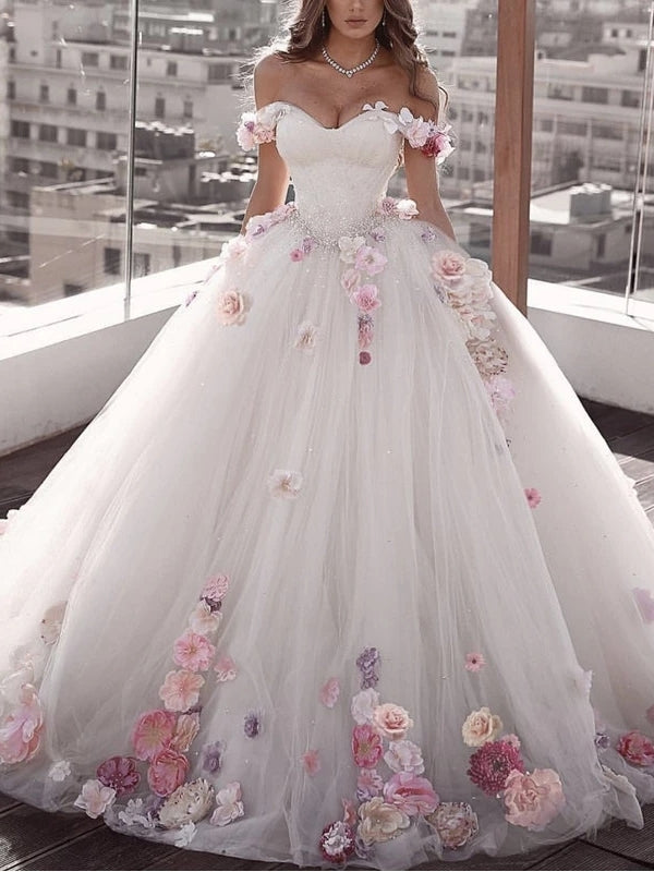 blue dress for baby girl Ivory Beaded Off Shoulder Wedding Dress with Long Sleeves – Glitter Ball Gown Wedding Dress with Sweep Train Plus Size Size 4 main image 1