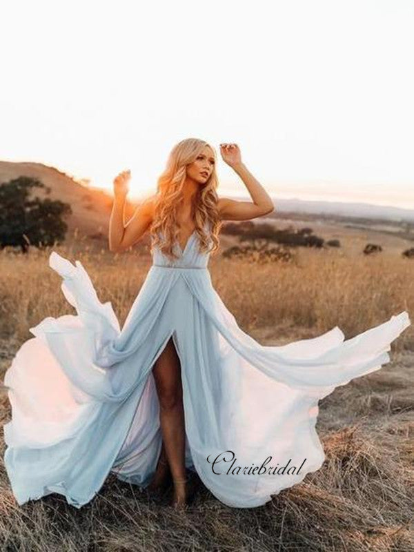 Light Blue Simple Wedding Dresses, Spaghetti Straps A-line Wedding Dre   ClaireBridal