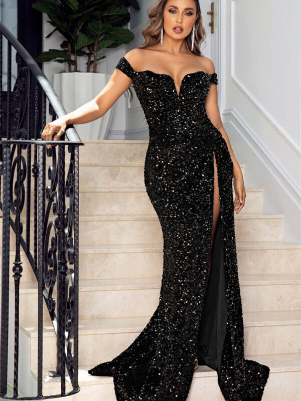 Off Shoulder Black Sequin Long Prom Dresses, Mermaid Prom Dresses, Hig ClaireBridal Off Shoulder Black Sequin Long Prom Dresses, Mermaid Prom Dresses, Hig ClaireBridal