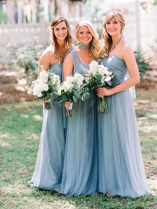 Convertible Long A-line Dusty Blue Tulle Bridesmaid Dresses ClaireBridal Convertible Long A-line Dusty Blue Tulle Bridesmaid Dresses ClaireBridal