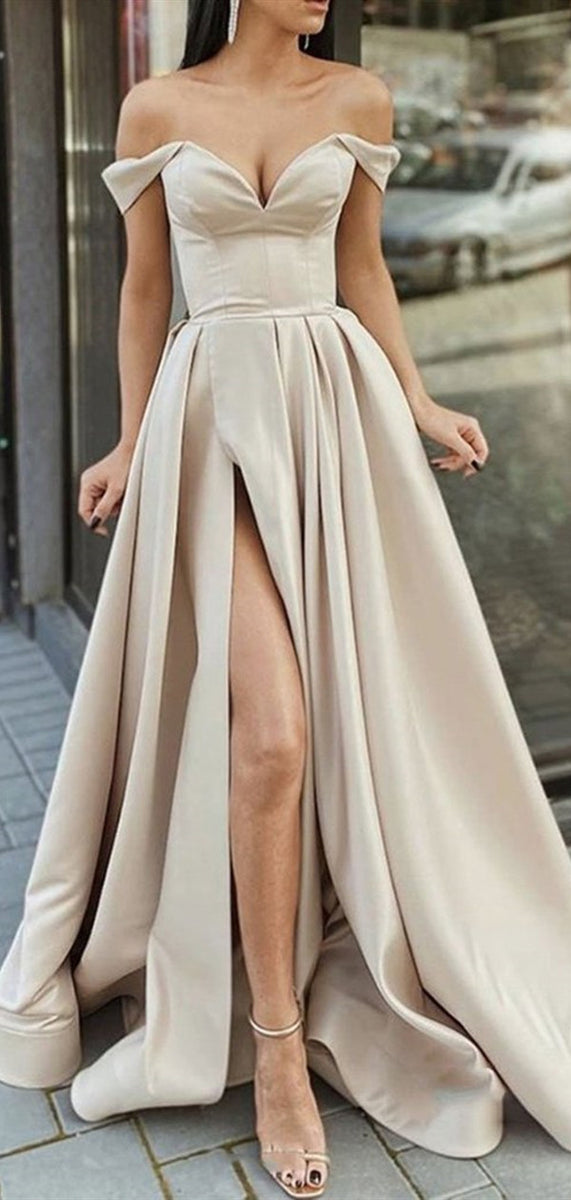 High Slit Formal Graduation Evening Dress, Elegant Off Shoulder 2021 P
