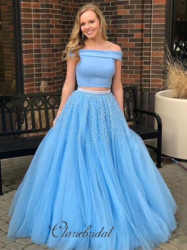 Sky Blue Fashion Off Shoulder Prom Dresses, 2 Pieces Beaded A-line Pro ClaireBridal Sky Blue Fashion Off Shoulder Prom Dresses, 2 Pieces Beaded A-line Pro ClaireBridal