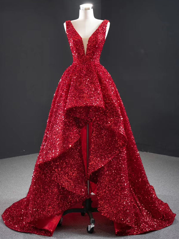 red sequin prom dresses 2021 V-neck Long A-line Hi-low Red Sequin Prom Dresses, Long Prom Dresses, 2021  Prom Dresses