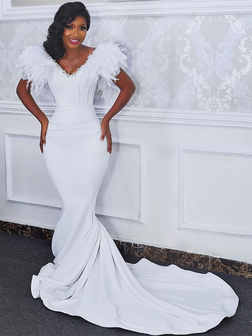 chinese dress ladies New Arrival Crystal Embroidery Lace and Feather Mermaid Dress Ivory / 16 / 100cm main image 0