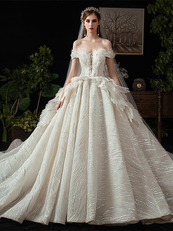 Off Shoulder Long Ball Gown Sequin Feather Wedding Dresses, Sparkle We –  ClaireBridal
