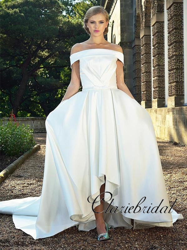 chinese dress ladies Off Shoulder Ivory Satin A-line Long Train Wedding Dresses