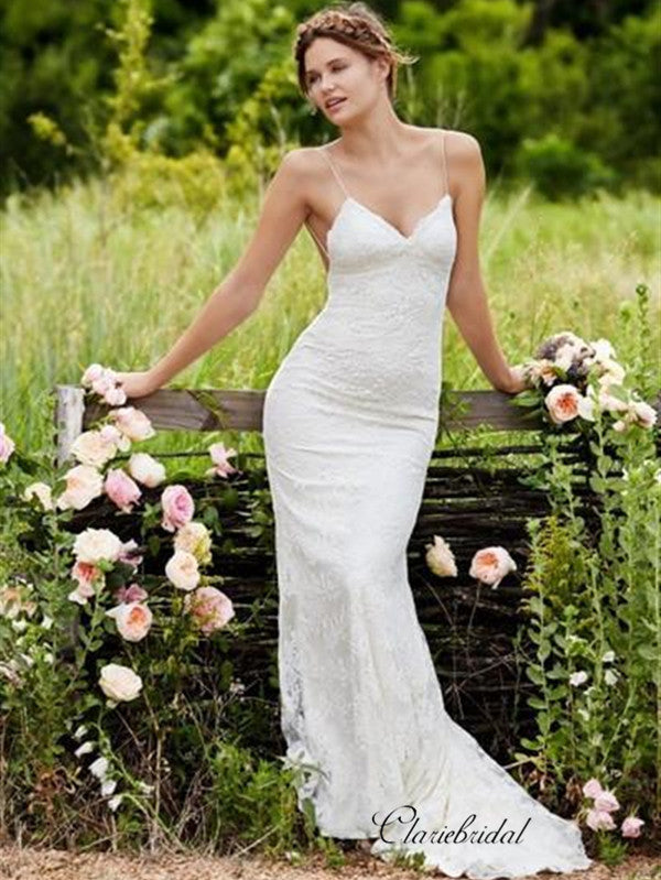 Spaghetti Straps Backless Sexy Wedding Dresses, Lace Mermaid Country W –  ClaireBridal
