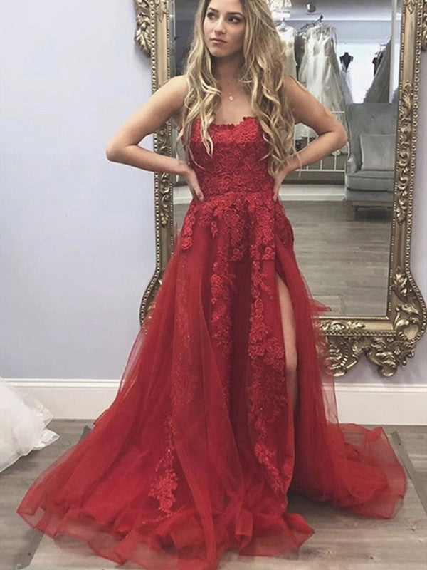 High Side Slit Burgundy Long Prom Dresses, Lace Floral A-line 2021 Pro ClaireBridal High Side Slit Burgundy Long Prom Dresses, Lace Floral A-line 2021 Pro ClaireBridal