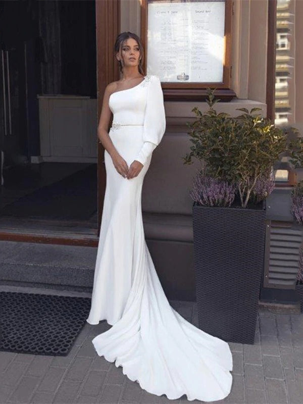 One Shoulder Ivory Jersey Wedding Dresses, Appliques Beaded Wedding Dr ClaireBridal One Shoulder Ivory Jersey Wedding Dresses, Appliques Beaded Wedding Dr ClaireBridal
