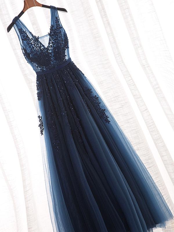 Navy Lace Beaded Prom Dresses, A-line Appliques Prom Dresses, Popular –  ClaireBridal