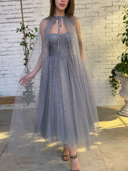 Grey Little Star A-line Prom Dresses With Cloak, Popular Prom Dresses,  Cheap Prom Dresses, 2022 Prom Dresses