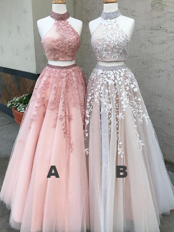 High Neck Beaded Prom Dresses, Two Pieces Lace Tulle Prom Dresses –  ClaireBridal