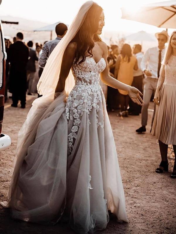 Sweetheart Long A-line Lace Tulle Prom Dresses, Side Slit Romantic Wed ClaireBridal Sweetheart Long A-line Lace Tulle Prom Dresses, Side Slit Romantic Wed ClaireBridal