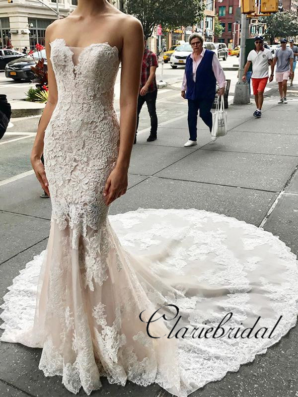 chinese dress ladies Vintage Lace Sweetheart Strapless Mermaid with Train Wedding Dresses , CW0007 US8 / As Pic