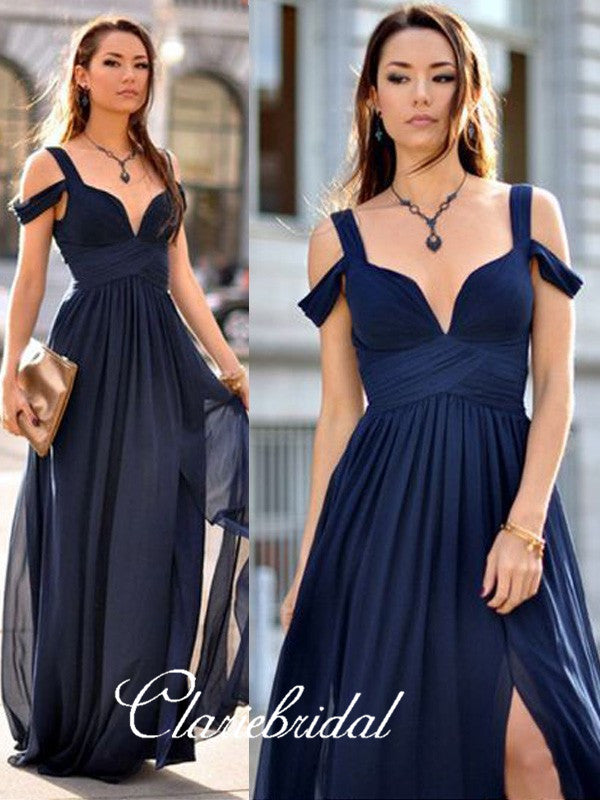 sachin and babi light blue dress Lace Scalloped V-Neck Navy Chiffon Bridesmaid Dress, Braided Belt