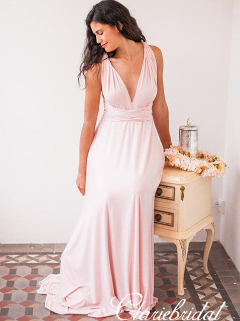 blush floor length bridesmaid dresses Convertible A-line Blush Pink Jersey Long Bridesmaid Dresses – ClaireBridal