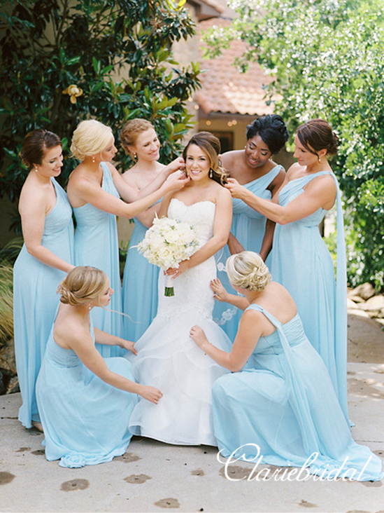 mismatched blue bridesmaid dresses Mismatched Blue Chiffon A-line Long Bridesmaid Dresses – ClaireBridal