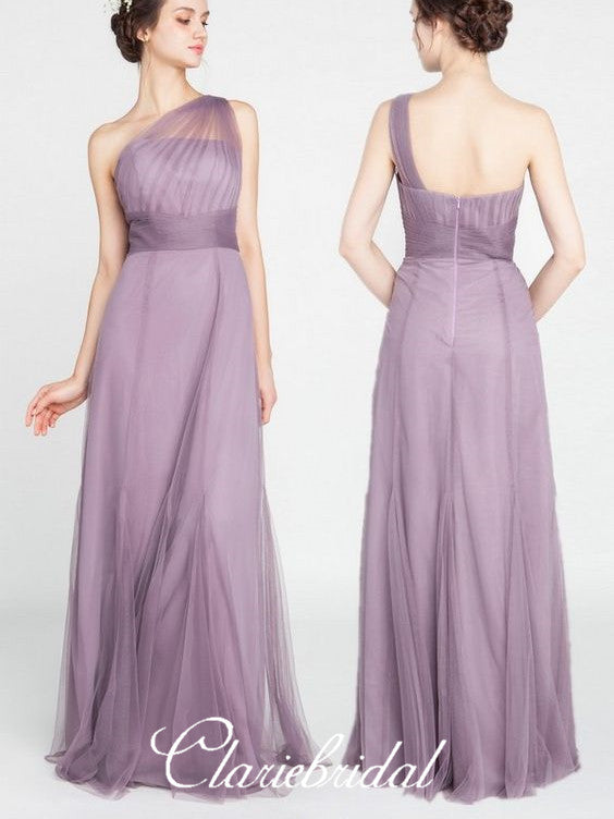 One Shoulder A-line Purple Tulle Long Bridesmaid Dresses – ClaireBridal