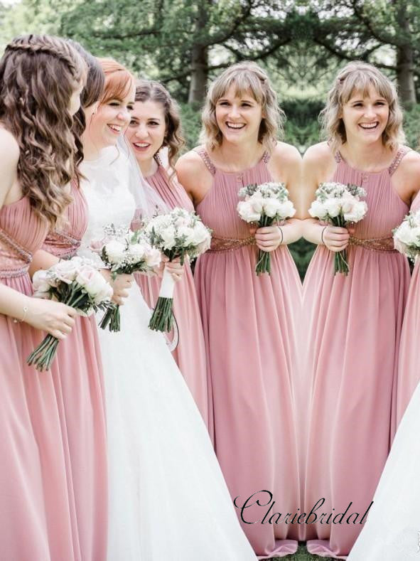 blue dress for baby girl Modern Bateau Beading Sleeveless Long Chiffon Bridesmaid Dresses main image 1