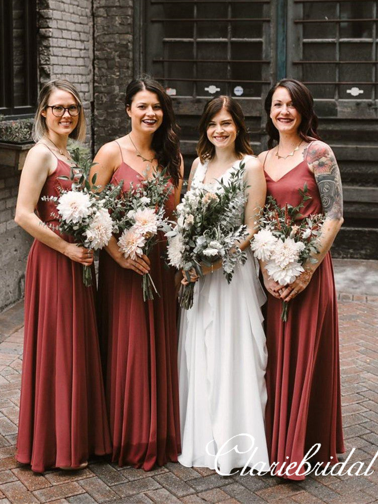 Rust Red A-line V-neck Simple Long Bridesmaid Dresses – ClaireBridal