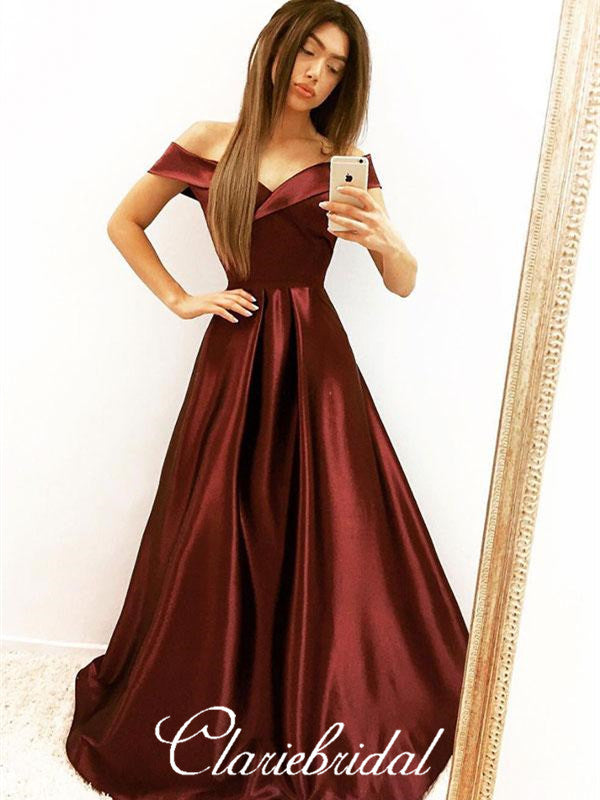 Off Shoulder Maroon Satin Prom Dresses, A-line Prom Dresses, Long Prom –  ClaireBridal