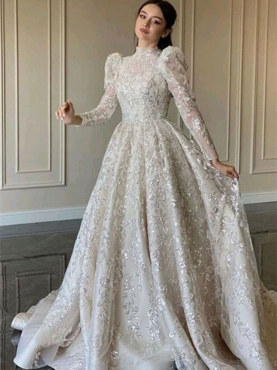 High Neck Bubble Sleeves Lace Wedding Dresses, A-line Wedding Dresses, ClaireBridal High Neck Bubble Sleeves Lace Wedding Dresses, A-line Wedding Dresses, ClaireBridal