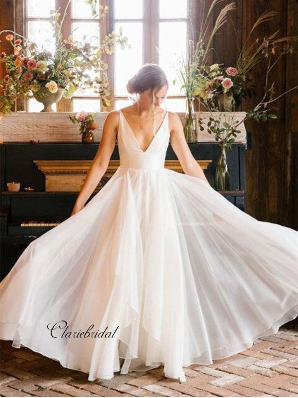 little black beach dress Rustic A-line V-neck Side Slit Lace Beach Wedding Dresses, Bridal Gown,  MW645 main image 1