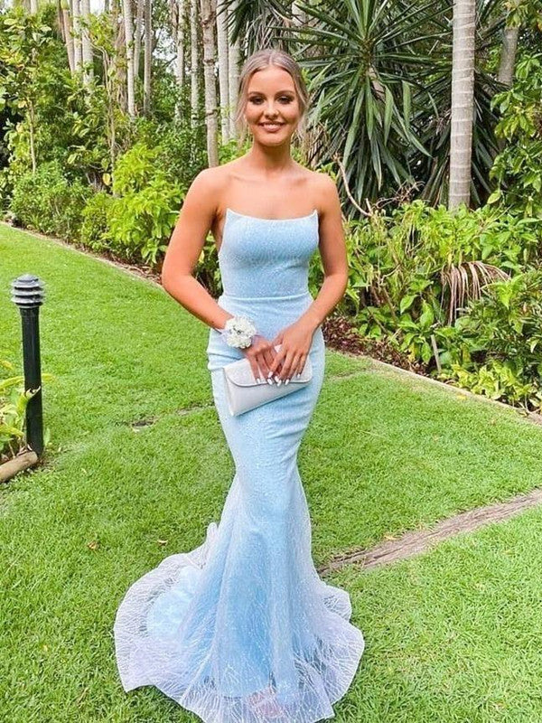 Sky Blue Mermaid Elegant 2021 Long Prom Dresses, Strapless Evening Par   ClaireBridal