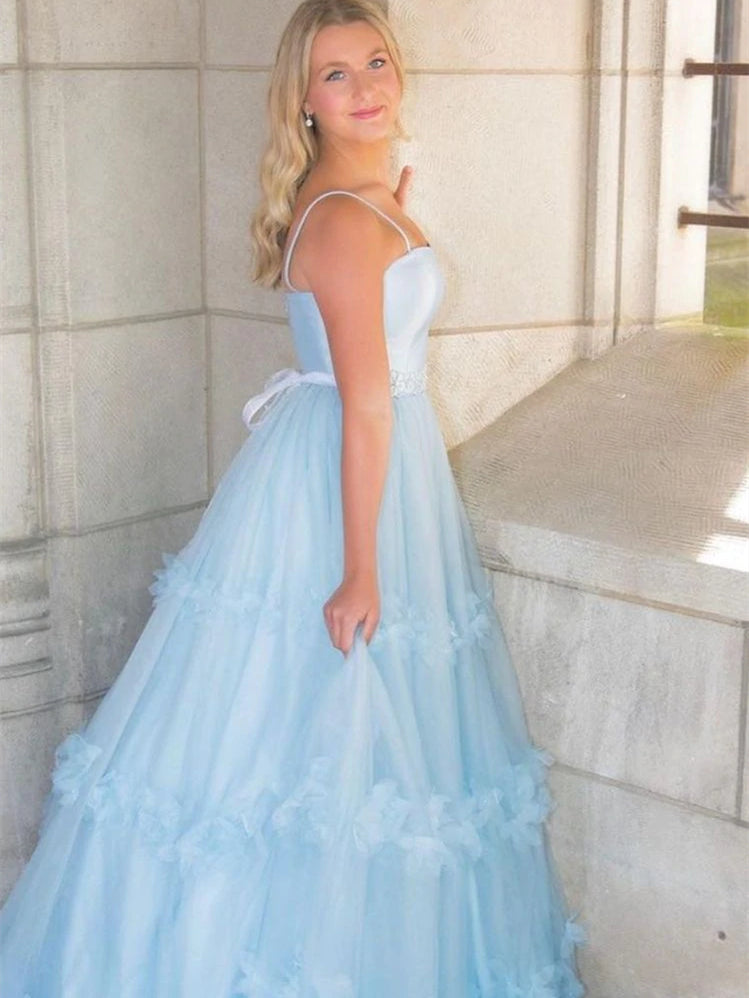 Lovely Pale Blue Satin Tulle Prom Dresses, A-line Prom Dresses, 2022 P ClaireBridal Lovely Pale Blue Satin Tulle Prom Dresses, A-line Prom Dresses, 2022 P ClaireBridal