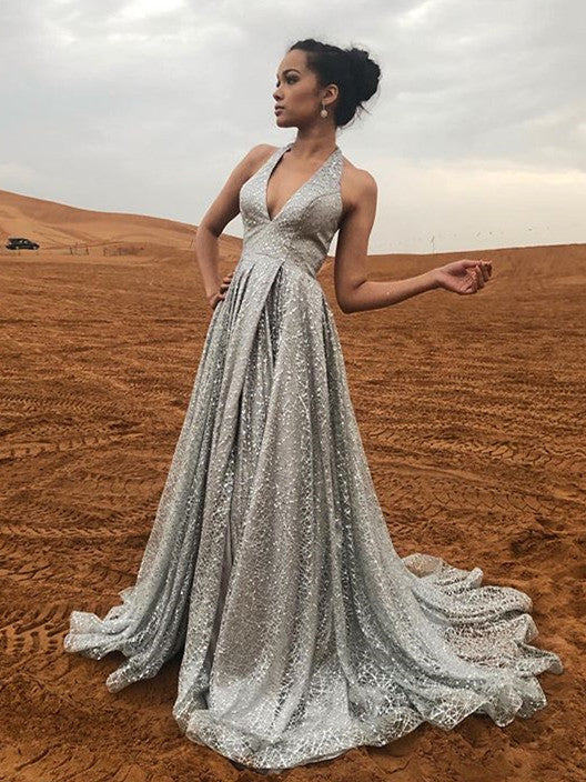 V-neck Halter Long A-line Silver Grey Sequin Tulle Prom Dresses, Newes ClaireBridal V-neck Halter Long A-line Silver Grey Sequin Tulle Prom Dresses, Newes ClaireBridal