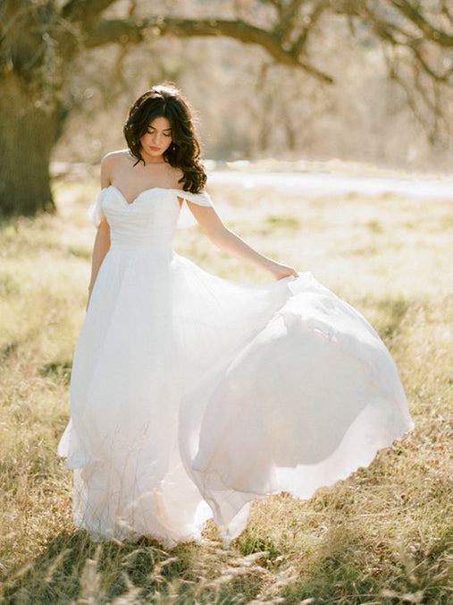 Off Shoulder Simple Chiffon Wedding Dresses, Country Wedding Dresses, – ClaireBridal Off Shoulder Simple Chiffon Wedding Dresses, Country Wedding Dresses, – ClaireBridal