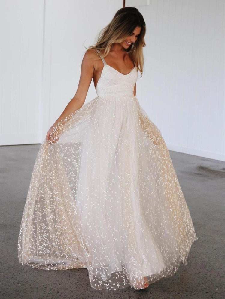 Straps Sequin Tulle Wedding Dresses, Boho Wedding Dresses, Long Weddin ClaireBridal Straps Sequin Tulle Wedding Dresses, Boho Wedding Dresses, Long Weddin ClaireBridal