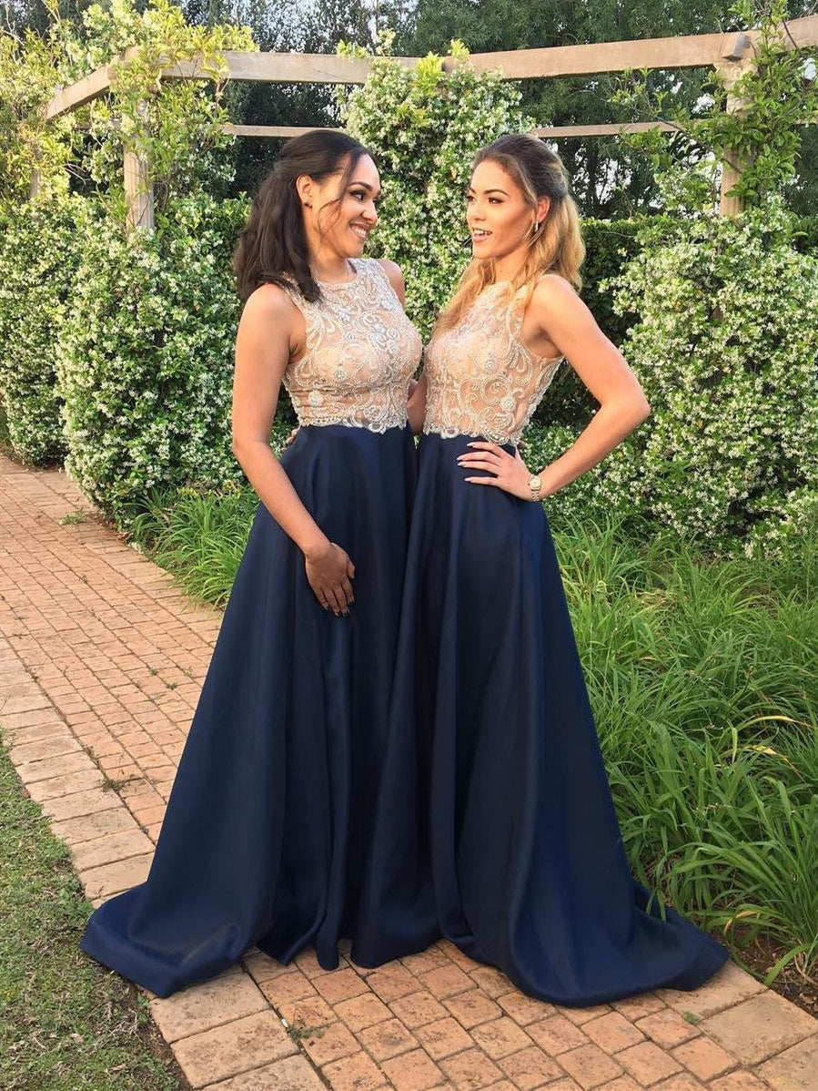 Round Neck Long A-line Navy Satin Bridesmaid Dresses, Lace Beaded Brid ClaireBridal Round Neck Long A-line Navy Satin Bridesmaid Dresses, Lace Beaded Brid ClaireBridal