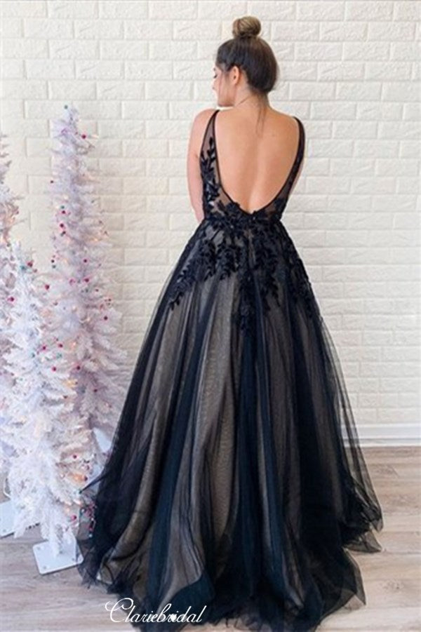 V-neck Lace Long Prom Dresses, Black A-line School Party Prom Dresses   ClaireBridal