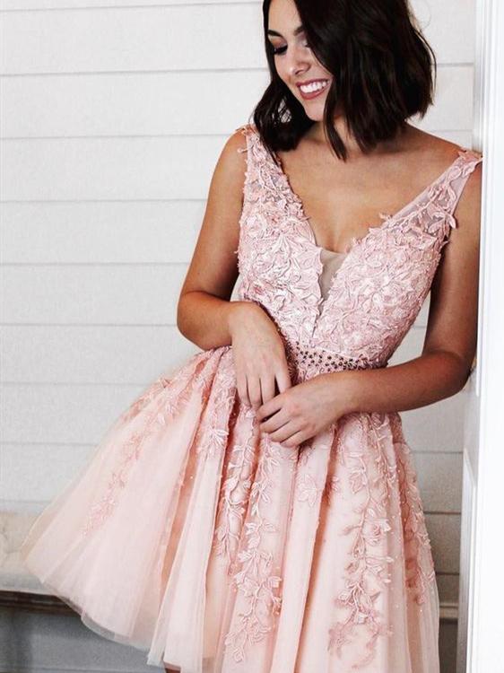 V-neck Pink Lace Beaded Homecoming Dresses, Short Prom Dresses ClaireBridal V-neck Pink Lace Beaded Homecoming Dresses, Short Prom Dresses ClaireBridal