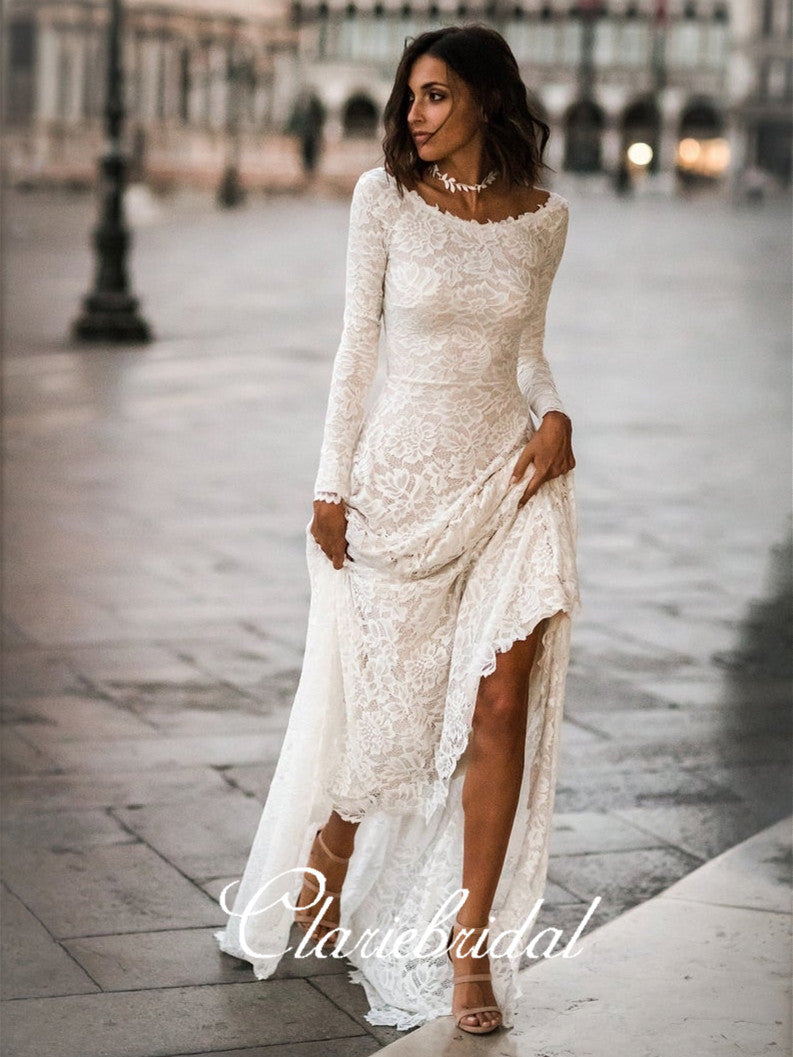 Ivory Long Sleeves Lace Wedding Dresses, A-line U-back Wedding Dresses ClaireBridal Ivory Long Sleeves Lace Wedding Dresses, A-line U-back Wedding Dresses ClaireBridal