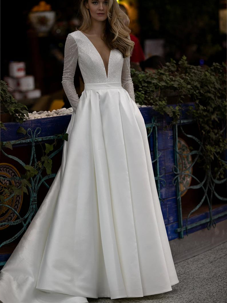 V-neck Long Sleeves Sparkle Satin Wedding Dresses, Elegant Wedding Dre ClaireBridal V-neck Long Sleeves Sparkle Satin Wedding Dresses, Elegant Wedding Dre ClaireBridal