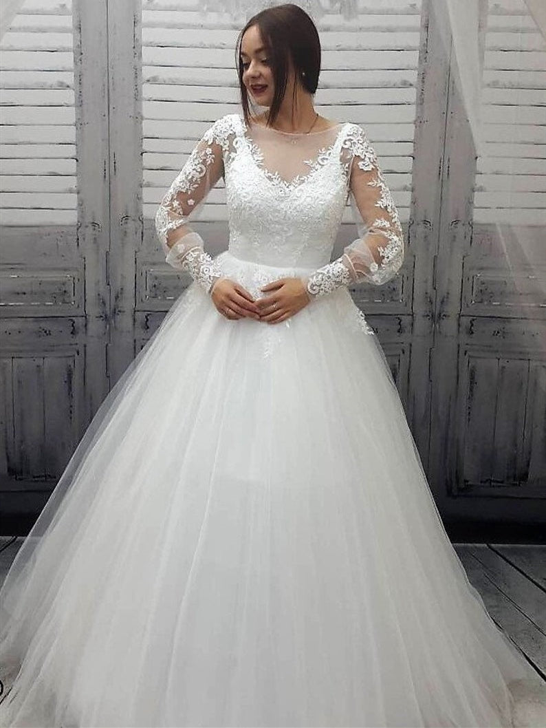 Long Sleeves Ivory Lace Tulle Wedding Dresses, Fluffy Wedding Dresses, ClaireBridal Long Sleeves Ivory Lace Tulle Wedding Dresses, Fluffy Wedding Dresses, ClaireBridal